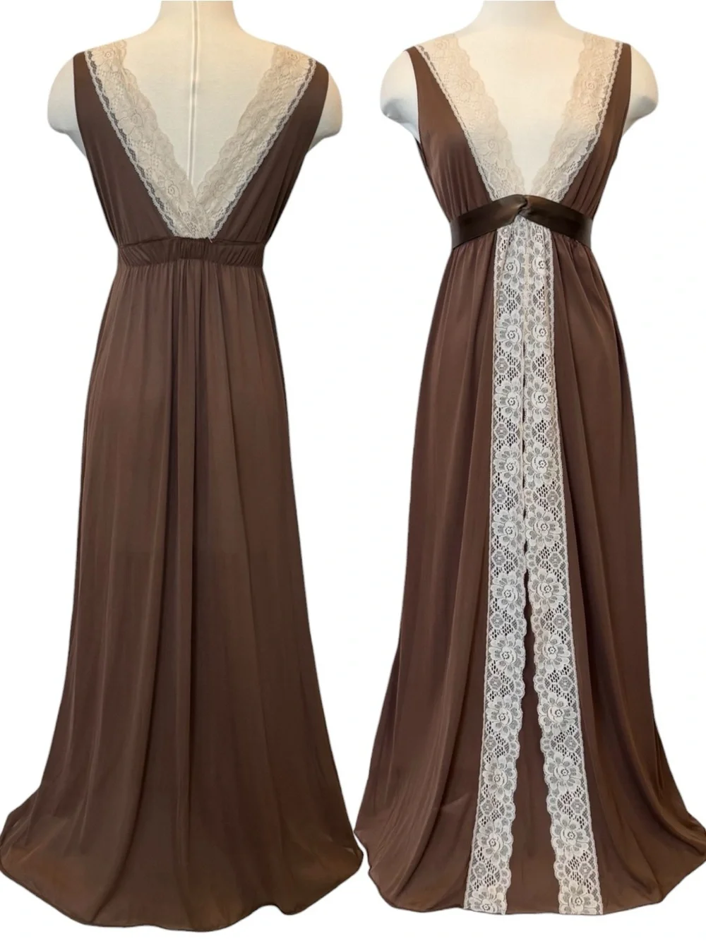 🌺SOLD🌺 Artemis Gossard Brown Silky Satin Lace 60s Empire Maxi Gown Robe 2pc Set - Picture 2 of 13